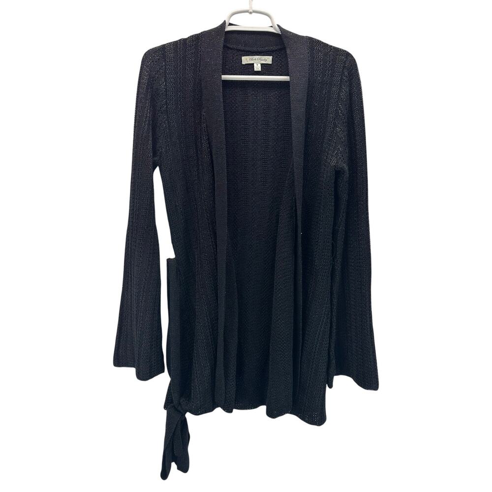 Beth Bowley Wool Blend Open Front Black Silver Speck Cardigan Tie Belt Med